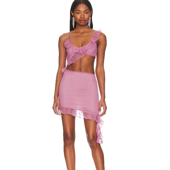 NEW Revolve x More to Come Pink Mesh Ruffle Cutout Payton Mini Dress Size S - Picture 1 of 9